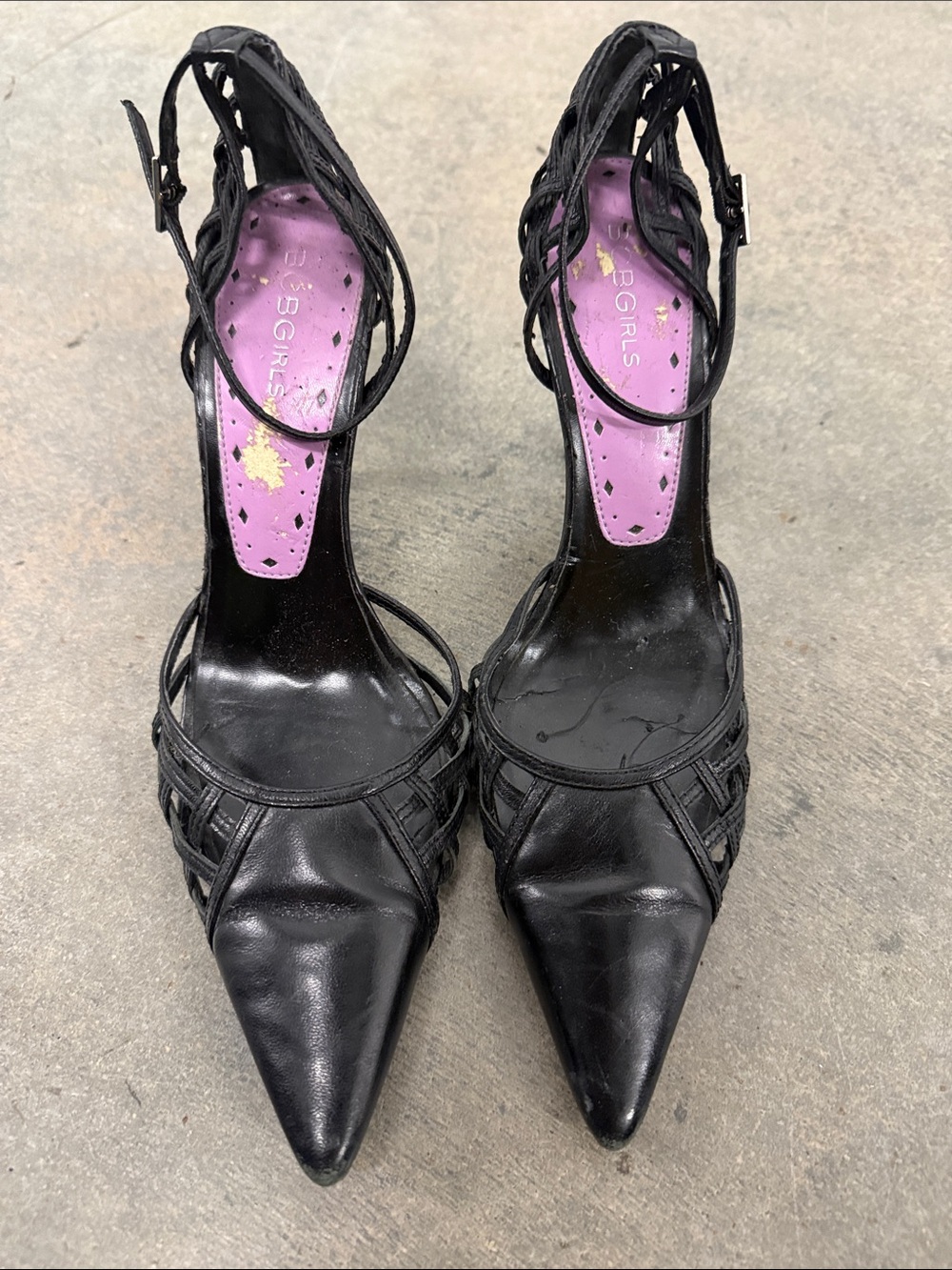 BCBGirls Vintage Black Pointed Toe Strappy Slingback Heels